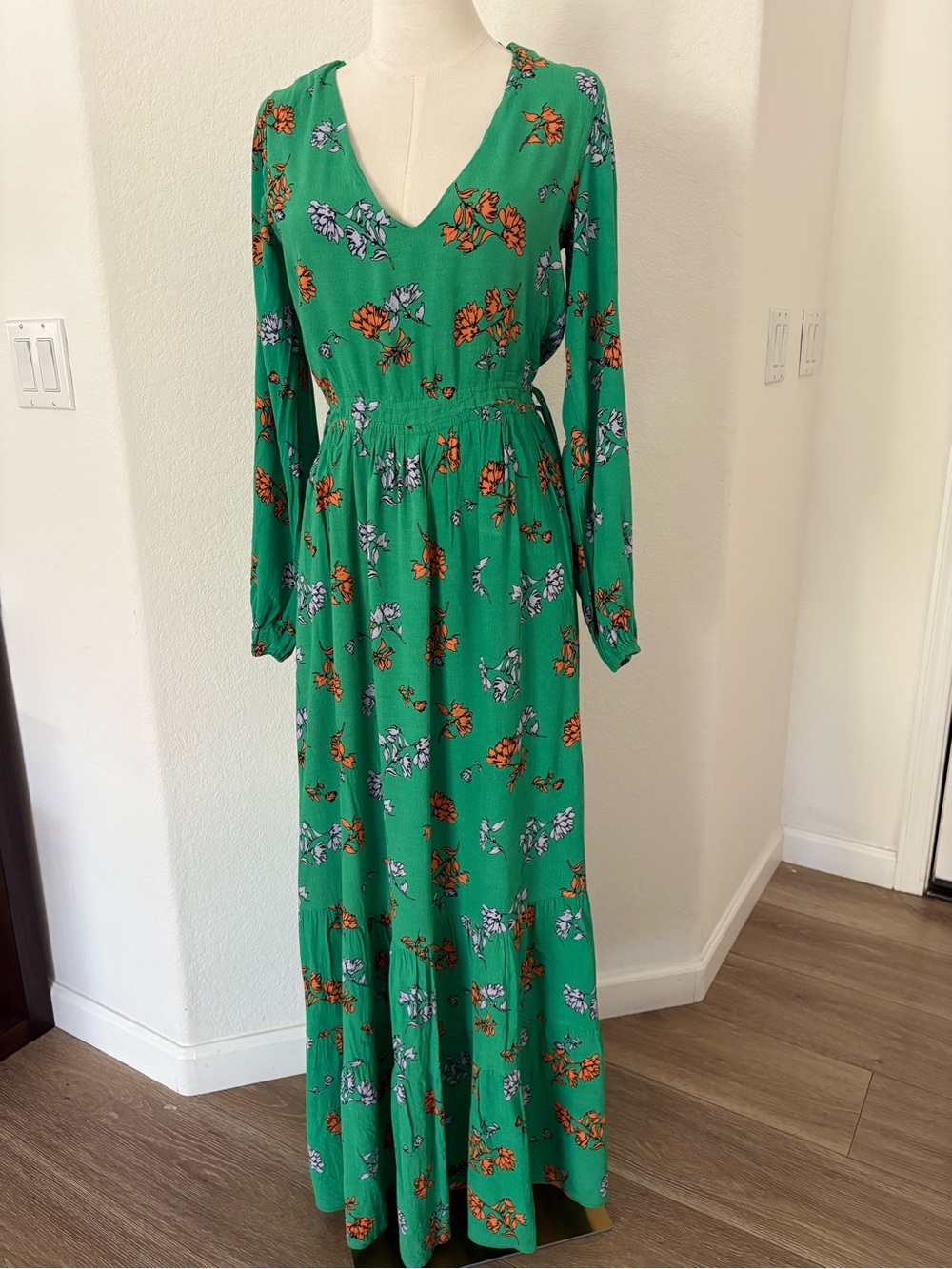 Lost + Wander Green Floral V-Neck Maxi Dress with Orange Accents